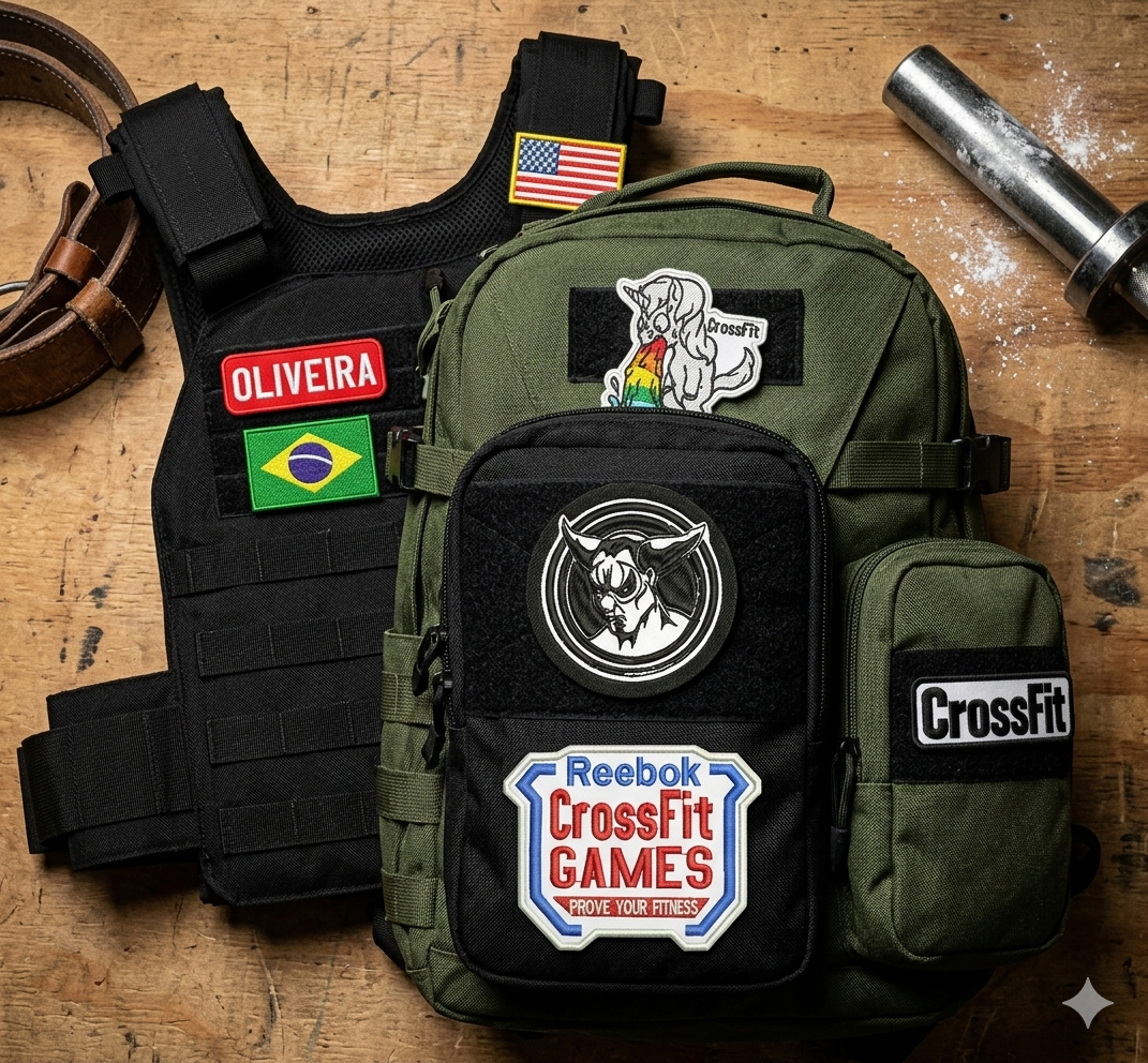 Colete tático com patches Oliveira, bandeira e CrossFit